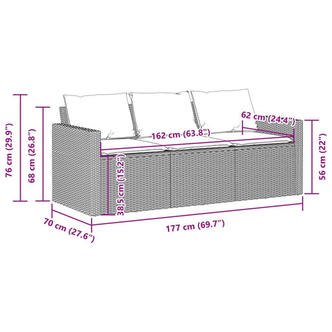 vidaXL Gartensofa mit Kissen 3-Sitzer Beige Poly Rattan