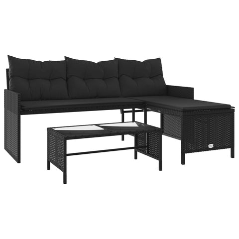 vidaXL Gartensofa in L-Form mit Tisch und Kissen Schwarz Poly Rattan