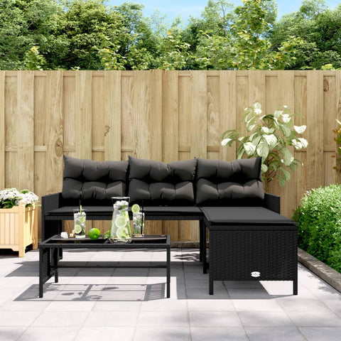 vidaXL Gartensofa in L-Form mit Tisch und Kissen Schwarz Poly Rattan