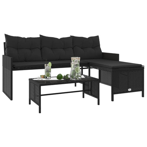 vidaXL Gartensofa in L-Form mit Tisch und Kissen Schwarz Poly Rattan