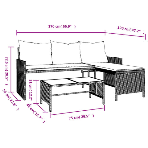 vidaXL Gartensofa in L-Form mit Tisch und Kissen Schwarz Poly Rattan