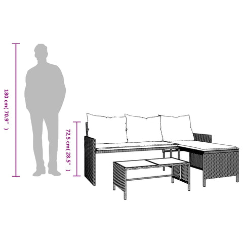 vidaXL Gartensofa in L-Form mit Tisch und Kissen Schwarz Poly Rattan