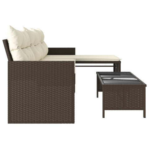 Gartensofa in L-Form mit Tisch und Kissen Braun Poly Rattan