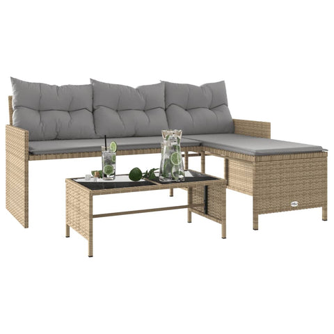 vidaXL Gartensofa in L-Form mit Tisch und Kissen Beige Poly Rattan