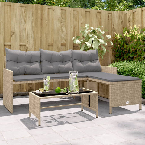 vidaXL Gartensofa in L-Form mit Tisch und Kissen Beige Poly Rattan