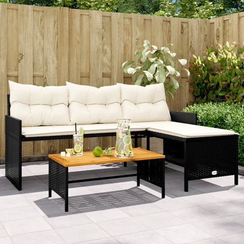 Gartensofa in L-Form mit Tisch und Kissen Schwarz Poly Rattan