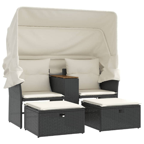 vidaXL Gartensofa 2-Sitzer mit Dach und Hockern Schwarz Poly Rattan