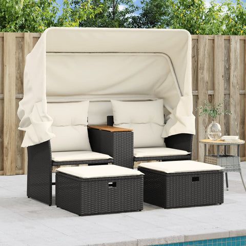 vidaXL Gartensofa 2-Sitzer mit Dach und Hockern Schwarz Poly Rattan