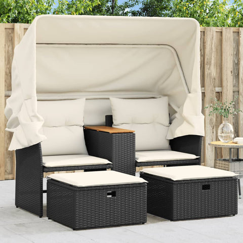 vidaXL Gartensofa 2-Sitzer mit Dach und Hockern Schwarz Poly Rattan