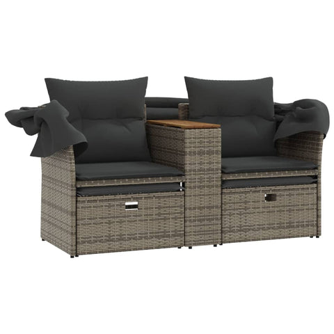 vidaXL Gartensofa 2-Sitzer mit Dach und Hockern Grau Poly Rattan