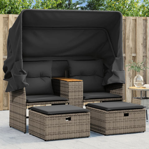 vidaXL Gartensofa 2-Sitzer mit Dach und Hockern Grau Poly Rattan