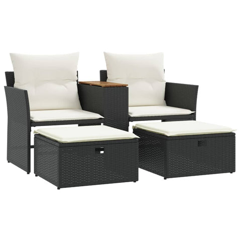 Gartensofa 2-Sitzer mit Hockern Schwarz Poly Rattan