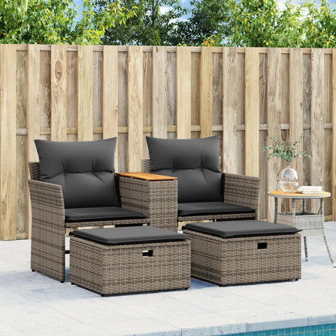 vidaXL Gartensofa 2-Sitzer mit Hockern Grau Poly Rattan