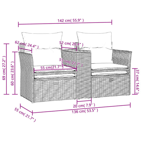 vidaXL Gartensofa 2-Sitzer mit Hockern Grau Poly Rattan