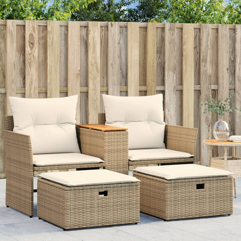 vidaXL Gartensofa 2-Sitzer mit Hockern Beige Poly Rattan