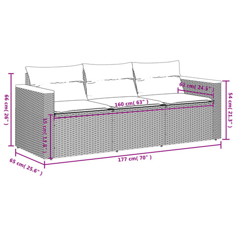 Gartensofa mit Kissen 3-Sitzer Schwarz Poly Rattan