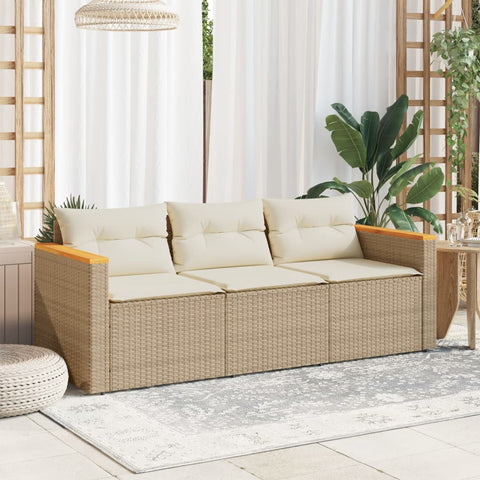 Gartensofa mit Kissen 3-Sitzer Beige Poly Rattan