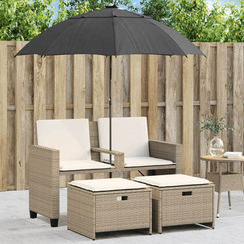 Gartensofa 2-Sitzer Sonnenschirm und Hocker Beige Poly-Rattan