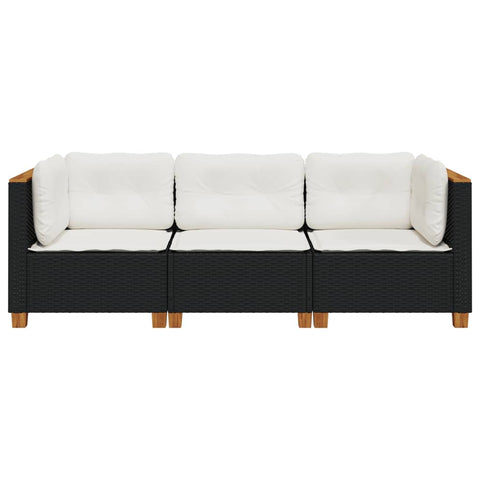 Gartensofa mit Kissen 3-Sitzer Schwarz Poly Rattan