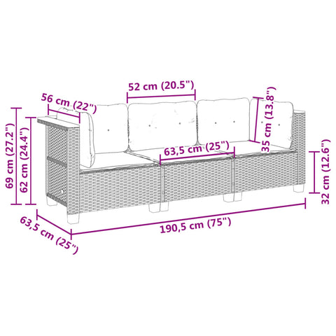 vidaXL Gartensofa mit Kissen 3-Sitzer Grau Poly Rattan