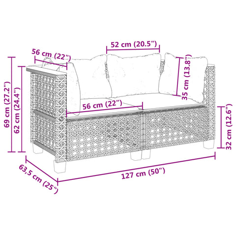 vidaXL Garten-Ecksofas mit Kissen 2 Stk. Grau Poly Rattan