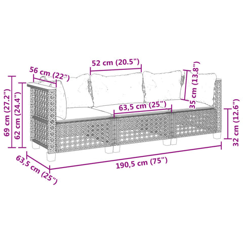 vidaXL Gartensofa mit Kissen 3-Sitzer Schwarz Poly Rattan