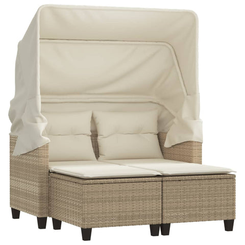 Gartensofa 2-Sitzer mit Dach und Hockern Beige Poly Rattan