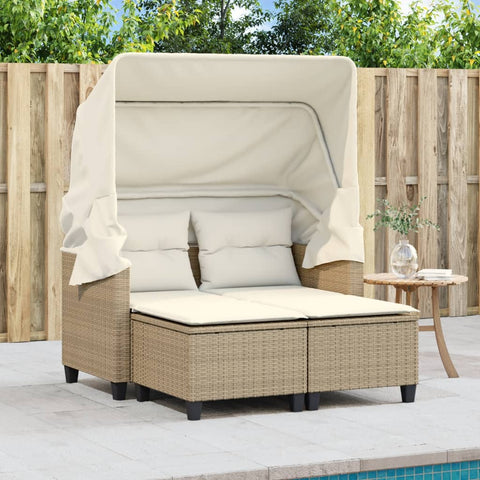 Gartensofa 2-Sitzer mit Dach und Hockern Beige Poly Rattan