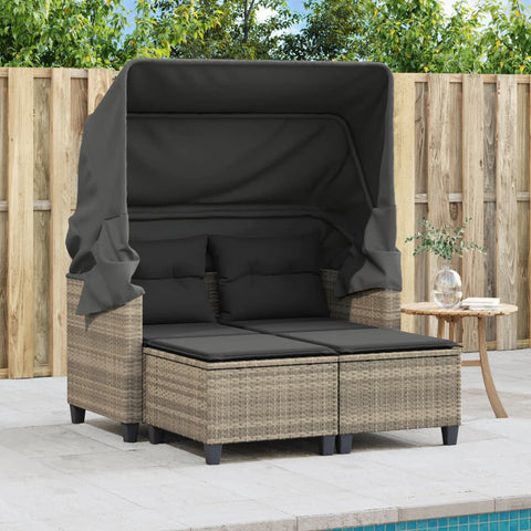 vidaXL Gartensofa 2-Sitzer mit Dach und Hockern Hellgrau Poly Rattan