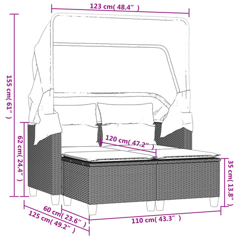 vidaXL Gartensofa 2-Sitzer mit Dach und Hockern Hellgrau Poly Rattan