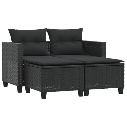 vidaXL Gartensofa 2-Sitzer mit Hockern Schwarz Poly Rattan