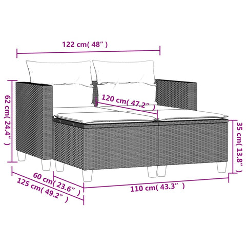 vidaXL Gartensofa 2-Sitzer mit Hockern Schwarz Poly Rattan