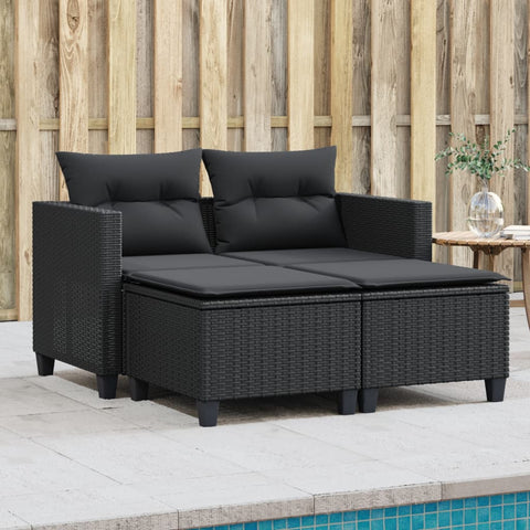 vidaXL Gartensofa 2-Sitzer mit Hockern Schwarz Poly Rattan