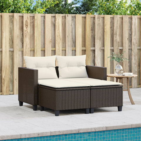 vidaXL Gartensofa 2-Sitzer mit Hockern Braun Poly Rattan