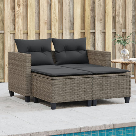 vidaXL Gartensofa 2-Sitzer mit Hockern Grau Poly Rattan