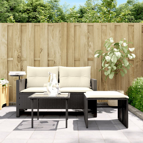 vidaXL 3-tlg. Garten-Sofagarnitur mit Kissen Schwarz Poly Rattan