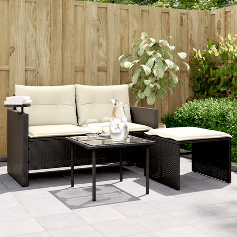 vidaXL 3-tlg. Garten-Sofagarnitur mit Kissen Schwarz Poly Rattan