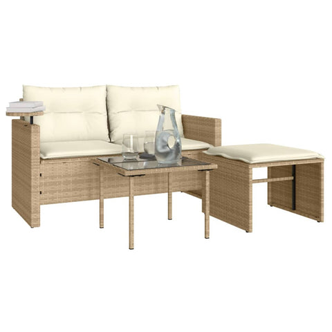 vidaXL 3-tlg. Garten-Sofagarnitur mit Kissen Beige Poly Rattan