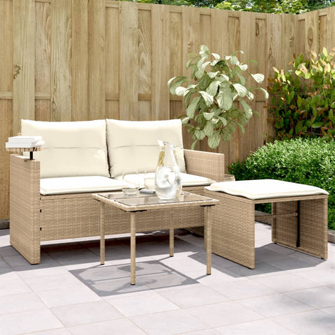 vidaXL 3-tlg. Garten-Sofagarnitur mit Kissen Beige Poly Rattan