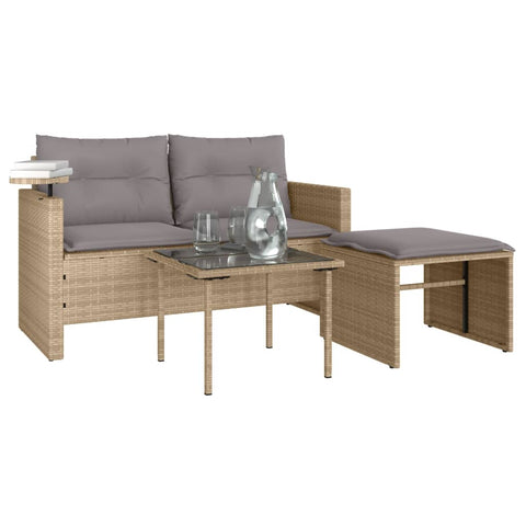 vidaXL 3-tlg. Garten-Sofagarnitur mit Kissen Beige Poly Rattan