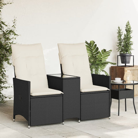 vidaXL Gartensofa 2-Sitzer Verstellbar mit Tisch Schwarz Poly Rattan