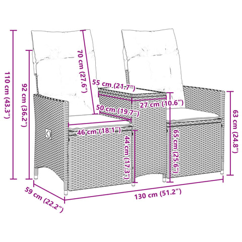 vidaXL Gartensofa 2-Sitzer Verstellbar mit Tisch Schwarz Poly Rattan