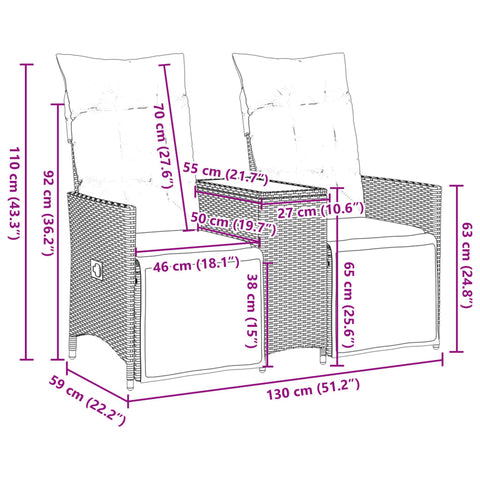 Gartensofa 2-Sitzer Verstellbar mit Tisch Braun Poly Rattan