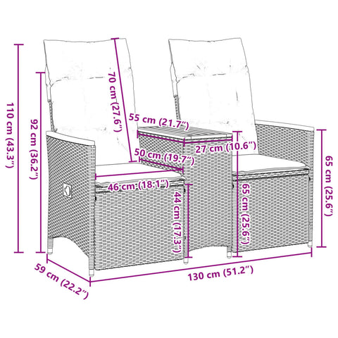 Gartensofa 2-Sitzer Verstellbar mit Tisch Grau Poly Rattan