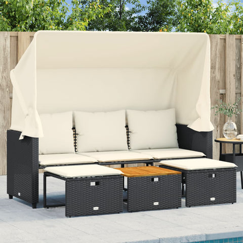 vidaXL Outdoor-Sofa 3-Sitzer mit Dach und Hockern Schwarz Poly-Rattan