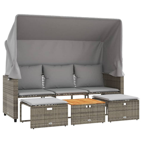 vidaXL Outdoor-Sofa 3-Sitzer mit Dach und Hockern Grau Poly Rattan