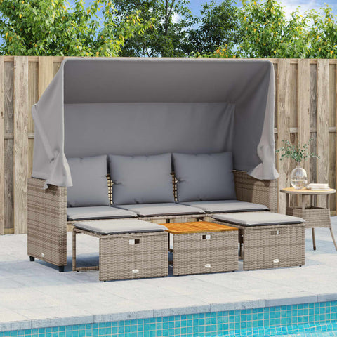 vidaXL Outdoor-Sofa 3-Sitzer mit Dach und Hockern Grau Poly Rattan