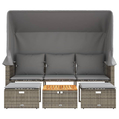 vidaXL Outdoor-Sofa 3-Sitzer mit Dach und Hockern Grau Poly Rattan