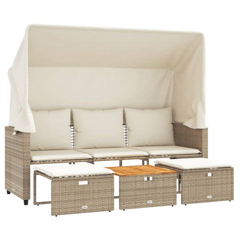 vidaXL Outdoor-Sofa 3-Sitzer mit Dach und Hockern Beige Poly Rattan