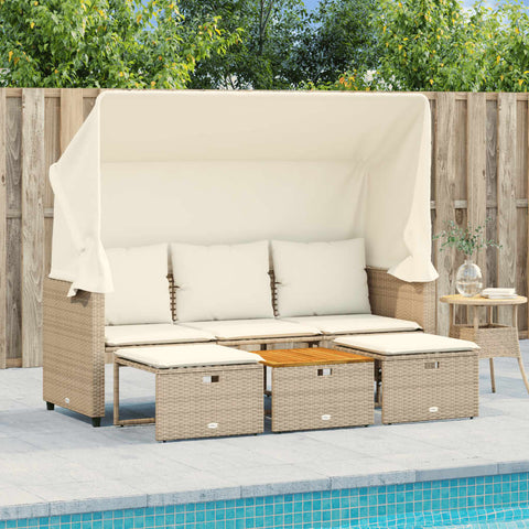 vidaXL Outdoor-Sofa 3-Sitzer mit Dach und Hockern Beige Poly Rattan